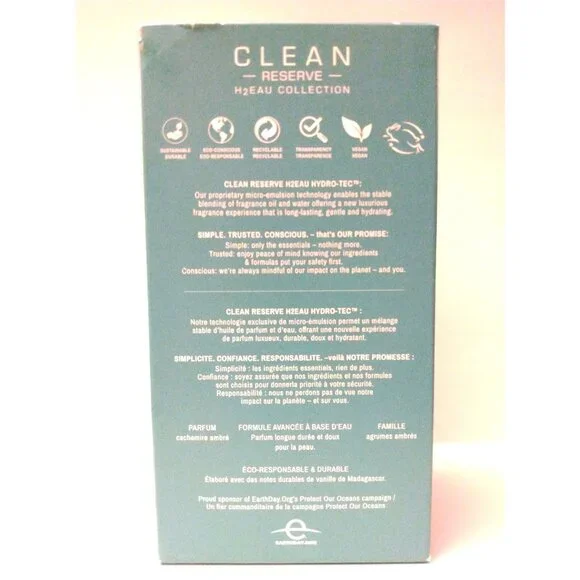 Clean Reserve H2EAU Amber Cashmere Scent 3.4oz